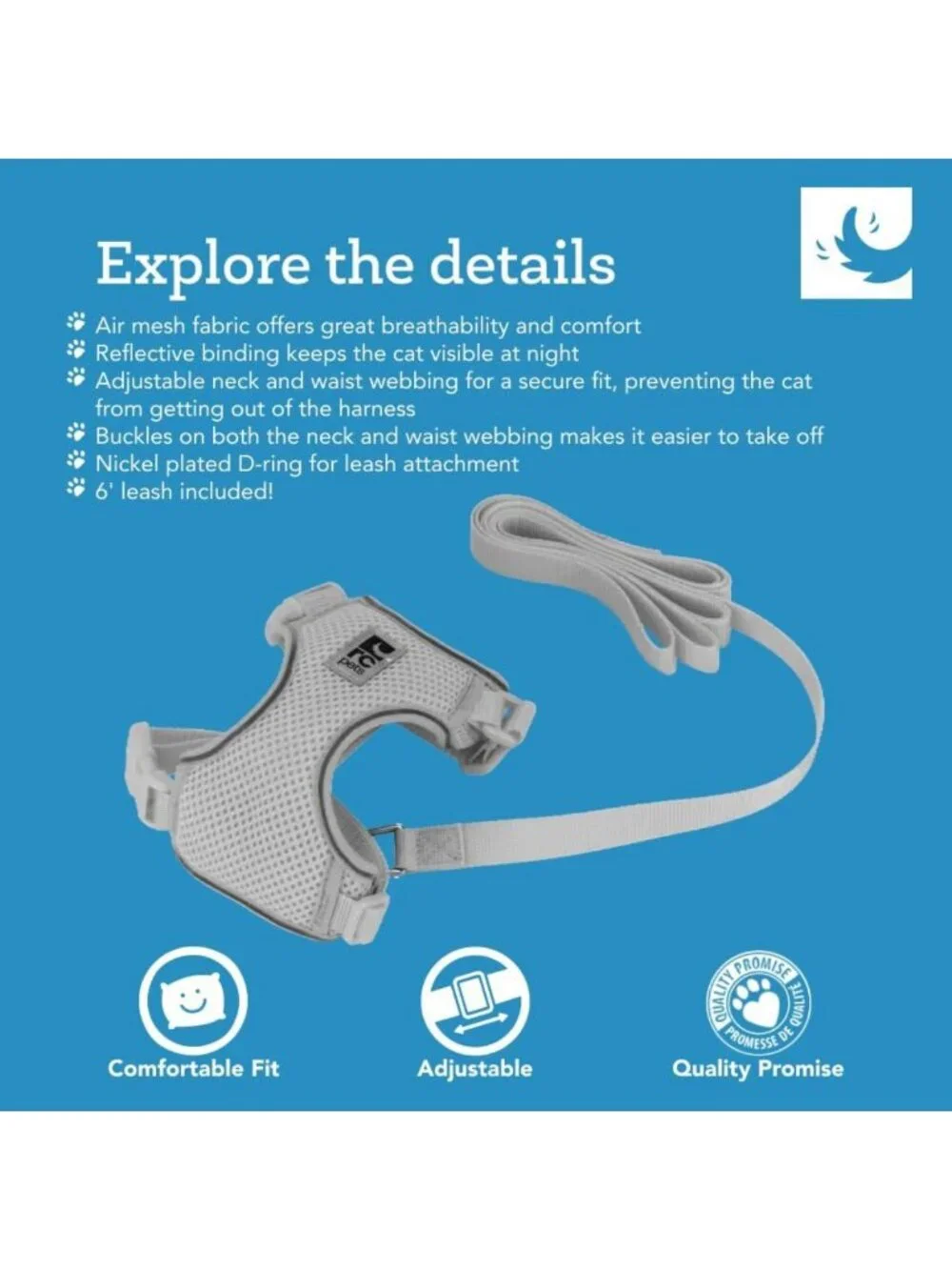 Adjustable Airmesh Cat Harness & 6ft Leash for Walking & Travel - Medium